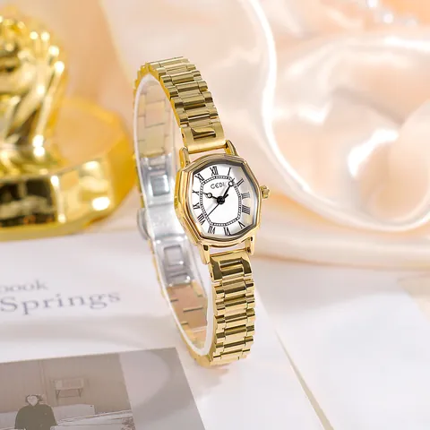 Reloj de Cuarzo Tonneau Retro para Mujer Correa de Oro de Acero Inoxidable Números Romanos Elegante Lujo Impermeabile