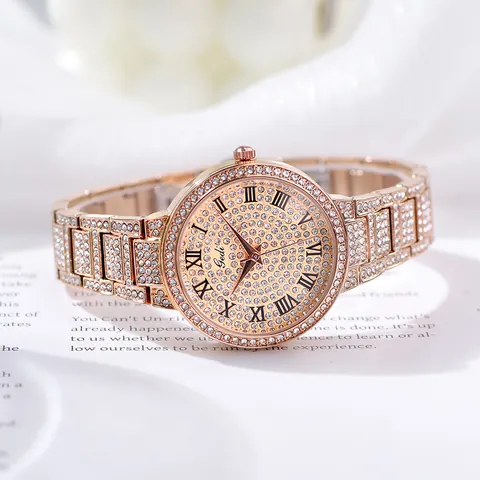 Gedi Luxury Rhinestone Women Quartz Watch Roman Numerals Elegant Metal Strap Wristwatch Minimalist Lady Jewelry Watch