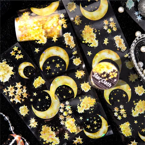 Star Oath Series PET Decorative Tape Laser Gold Stamping Star Moon Theme DIY Scrapbooking Material Tape For Diary Decor