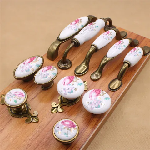 Vintage Ceramic Cabinet Handles Antique Bronze Floral Tulip Furniture Knobs Zinc Alloy Drawer Pulls For Wardrobe Cupboard