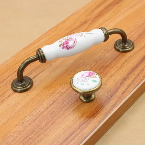 Vintage Ceramic Cabinet Handles Antique Bronze Floral Tulip Furniture Knobs Zinc Alloy Drawer Pulls For Wardrobe Cupboard