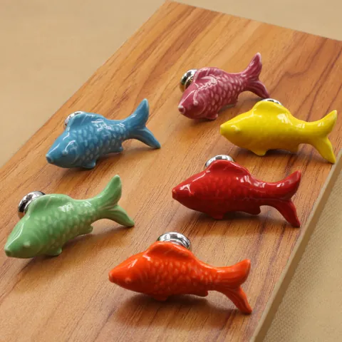 Ceramic Fish Shaped Cabinet Knobs Goldfish Drawer Pulls For Kids Room Wardrobe Cupboard Decorative Hardware Colorful Handles