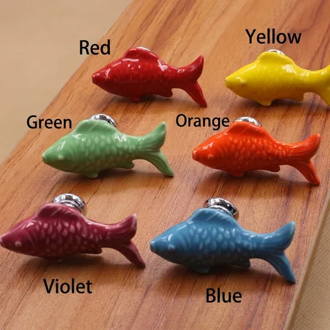 Ceramic Fish Shaped Cabinet Knobs Goldfish Drawer Pulls For Kids Room Wardrobe Cupboard Decorative Hardware Colorful Handles