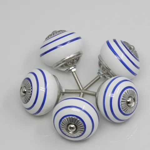 Modern Minimalist Ceramic Cabinet Knobs Hand Painted Blue Striped Round Drawer Pulls With Metal Base Furniture Handle For Cupboard Wardrobe