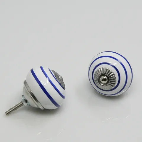 Modern Minimalist Ceramic Cabinet Knobs Hand Painted Blue Striped Round Drawer Pulls With Metal Base Furniture Handle For Cupboard Wardrobe