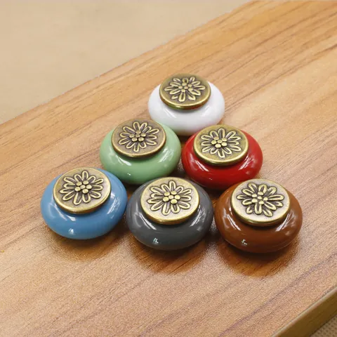 Vintage Flower Carved Ceramic Cabinet Knobs Zinc Alloy Round Drawer Pulls Antique Bronze Silver Door Handles For Furniture
