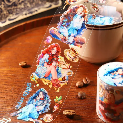 Coffee Girl PET Decorative Tape Shell Light Iridescent Stickers Retro Girl Coffee Dessert For Journaling DIY Stationery