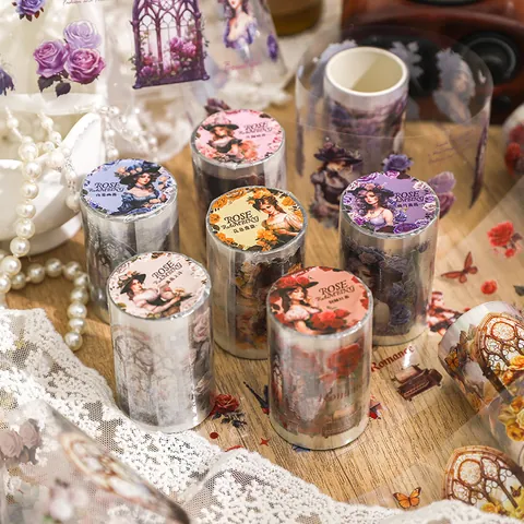Victorian Vintage Rose PET Tape Decorative Die Cut Floral Lady Portrait Journaling Supplies Scrapbooking DIY Washi Tape