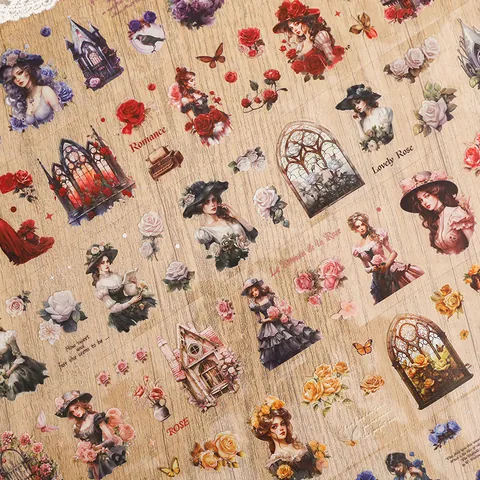 Victorian Vintage Rose PET Tape Decorative Die Cut Floral Lady Portrait Journaling Supplies Scrapbooking DIY Washi Tape