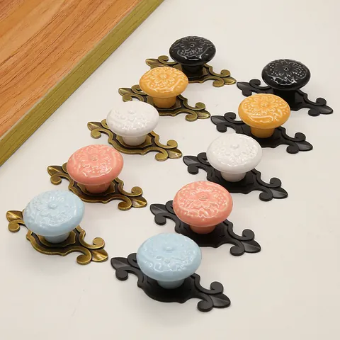 Vintage Ceramic Cabinet Handle Zinc Alloy Floral Relief Single Hole Drawer Pull For Cupboard Wardrobe Furniture Hardware
