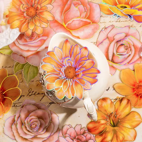 Vintage Flower PET Stickers With Laser Gold Edge Floral Botanical Decorative Decals For DIY Scrapbooking Journaling Planner