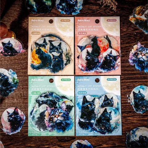 Vintage Gothic Moonlit Black Cat PET Sticker Pack Waterproof Dark Artistic Style Mystery DIY Journaling Scrapbooking Stickers For Women Kids