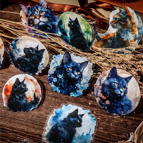 Vintage Gothic Moonlit Black Cat PET Sticker Pack Waterproof Dark Artistic Style Mystery DIY Journaling Scrapbooking Stickers For Women Kids
