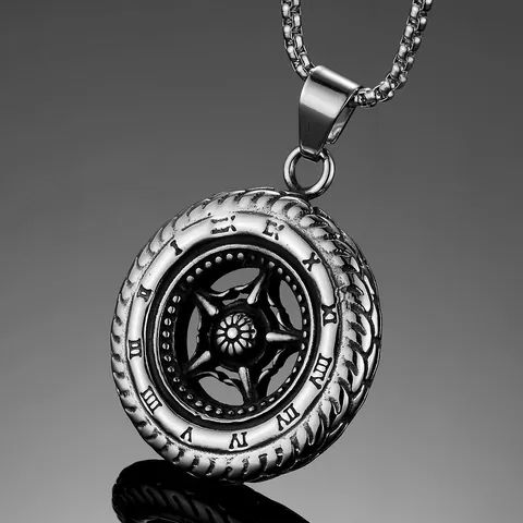 Vintage Stainless Steel Wheel Hub Pendant Necklace With Roman Numerals Star Design Long Box Chain Industrial Punk Jewelry For Men