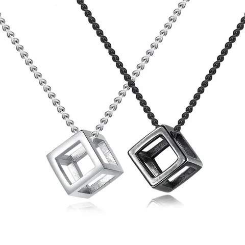 Minimalist Hollow Geometric Cube Pendant Necklace For Men Women Vintage Industrial Style Curb Chain Accessory Jewelry
