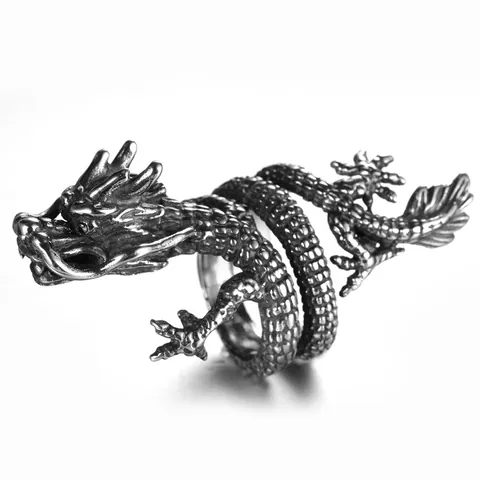 Vintage Alloy Chinese Dragon Head Wrap Open Adjustable Ring Men Women Punk Gothic Animal Finger Jewelry Retro Accessory