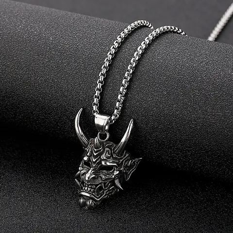 Hannya Mask Pendant Stainless Steel Gothic Demon Ghost Long Horns Retro Punk Hip Hop Biker Jewelry For Men