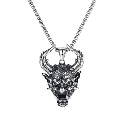 Retro Stainless Steel Hannya Mask Skull Cross Angel Wing Pendant Necklace For Men Punk Gothic Jewelry Accessory Gift