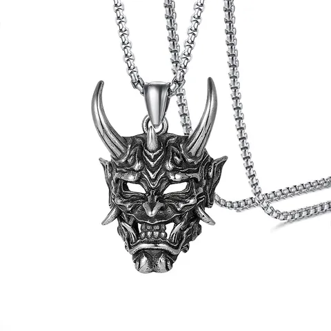 Collar con Colgante de Máscara de Hannya Japonesa Cadena de Caja de Acero Inoxidable para Hombres Joyería Gótica Punk Retro Oro Plata Cuerno Máscara de Demonio Accesorio de Halloween