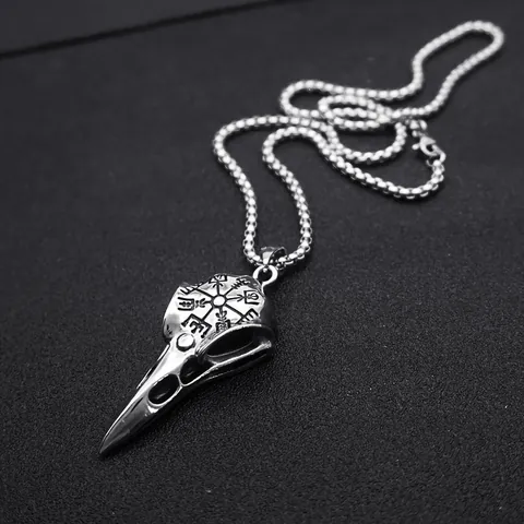 Vintage Viking Raven Skull Pendant Necklace With Stainless Steel Box Chain Distressed Alloy Crow Head Gothic Punk Jewelry