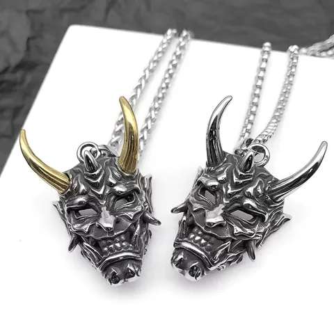 Collar con Colgante de Máscara de Hannya Japonesa Cadena de Caja de Acero Inoxidable para Hombres Joyería Gótica Punk Retro Oro Plata Cuerno Máscara de Demonio Accesorio de Halloween