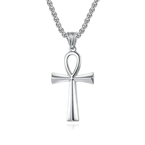 Egyptian Ankh Cross Pendant Necklace For Men Women Stainless Steel Gold Silver Black Hip Hop Religious Jewelry Box Chain