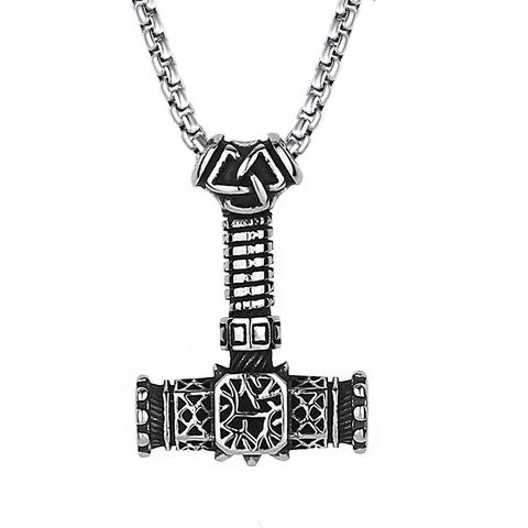 Viking Mjölnir Μενταγιόν Κολιέ για Άνδρες Ανοξείδωτη Αλυσίδα Αντίκ Ασημί Σφυρί του Thor Ρούνοι Σκανδιναβικά Κοσμήματα