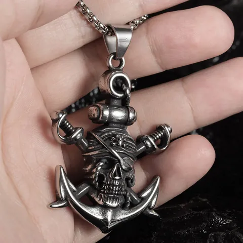 Collana con Pendente Ancora Teschio Pirata in Acciaio Inossidabile Vintage Gioielli Gotici Punk Doppia Spada Croce per Uomo Regalo Halloween