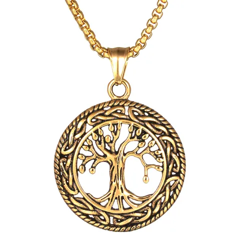 Collar con Colgante Árbol de la Vida de Acero Inoxidable Vintage Nudo Celta Calado Cadena de Caja Redonda Hombres Mujeres Joyería Espiritual Regalo