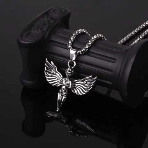 Collar Con Colgante de Alas de Ángel Cupido Vintage de Acero de Titanio Inoxidable Cadena de Caja para Hombres Mujeres Joyería Punk Hip Hop Regalo