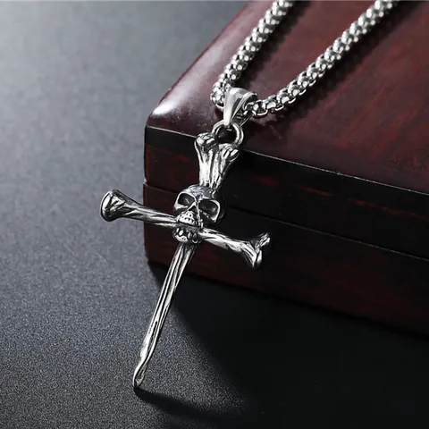 Punk Gothic Skull Cross Pendant Necklace Titanium Steel Skeleton Jewelry Vintage Gothic Style Men Fashion Accessory Gift
