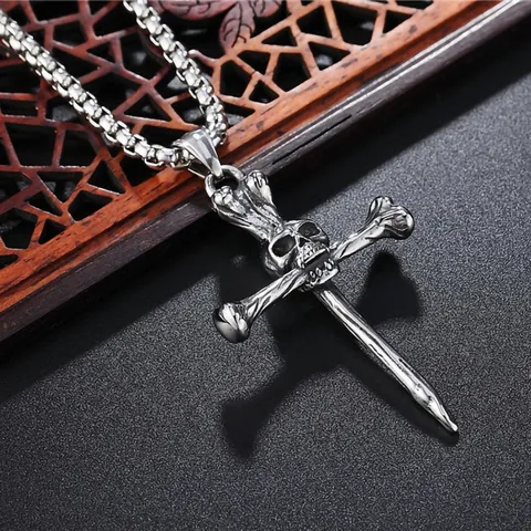 Punk Gothic Skull Cross Pendant Necklace Titanium Steel Skeleton Jewelry Vintage Gothic Style Men Fashion Accessory Gift