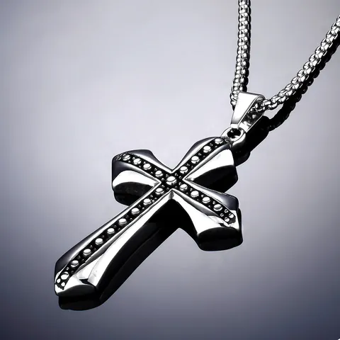 Men Retro Stainless Steel Cross Pendant Necklace Vintage Dotted Pattern Punk Religious Jewelry Gothic Style Silver Gold