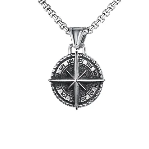 Vintage Compass Pendant Necklace Stainless Steel Retro North Star Octagram Jewelry For Men Hip Hop Punk Box Chain Necklaces