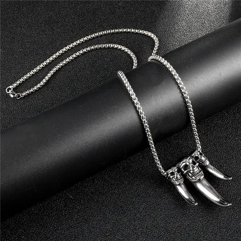 Rétro Punk Gothique Acier Inoxydable Crâne Griffe Dent Pendentif Collier Pour Hommes Femmes Hip Hop Street Rock Bijoux