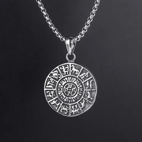 Vintage Alloy Pendant Necklace With Stainless Steel Box Chain Hip Hop Punk Zodiac Sign Medallion Jewelry For Unisex