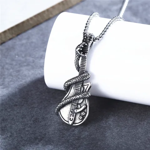 Vintage Punk Rock Stainless Steel Chain Alloy Snake Guitar Anchor Compass Pendant Necklace Men Women Gothic Jewelry