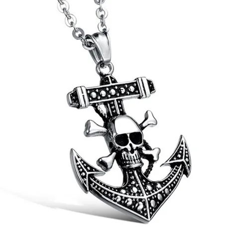 Punk Pirate Ship Skull Anchor Pendant Necklace For Men Gothic Distressed Alloy Antique Silver Cross Chain Halloween Jewelry