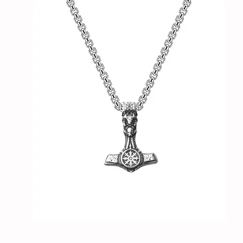 Vintage Viking Thor's Hammer Pendant Necklace For Men Stainless Steel Box Chain Odin Mjolnir Compass Punk Jewelry Gift