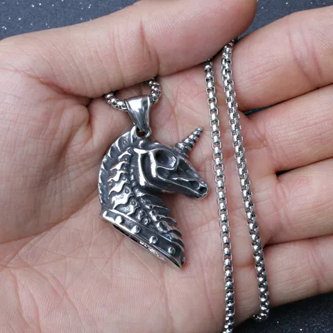 Retro Hip Hop Stainless Steel Chain Alloy Unicorn Skull Pendant Necklace Gothic Punk Jewelry For Men Women Vintage Oxidized Metal Charm Jewelry Gift