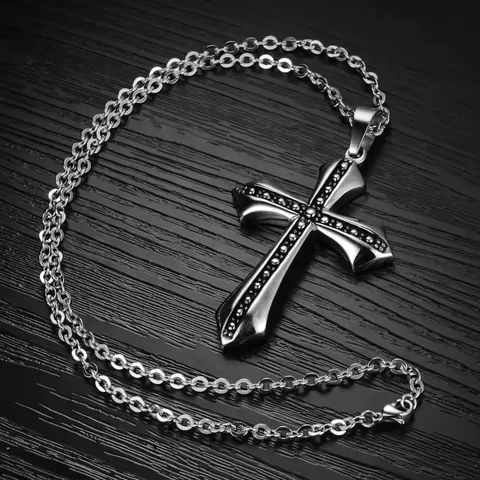 Retro Gothic Cross Pendant Necklace For Men Hip Hop Alloy Jewelry Vintage Silver Chain Necklace Decorative Accessory Gift
