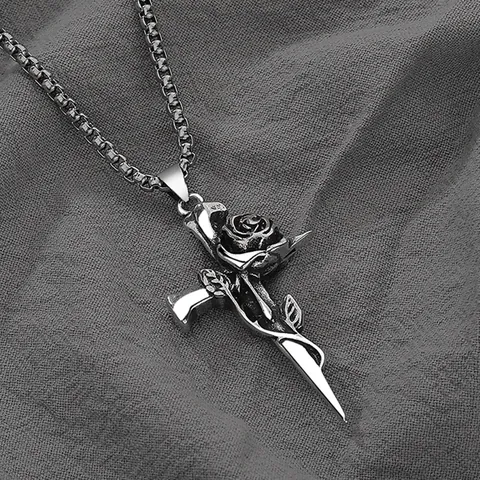 Retro Gotik Rose Dornen Kreuz Anhänger Halskette Für Herren Damen Edelstahlkette Legierung Punk Hip Hop Schmuck Geschenk