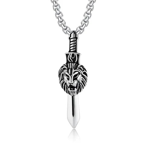 Collier Pendentif Dague Tête de Lion en Acier Inoxydable Vintage pour Hommes Bijoux Punk Gothiques Couleur Argent