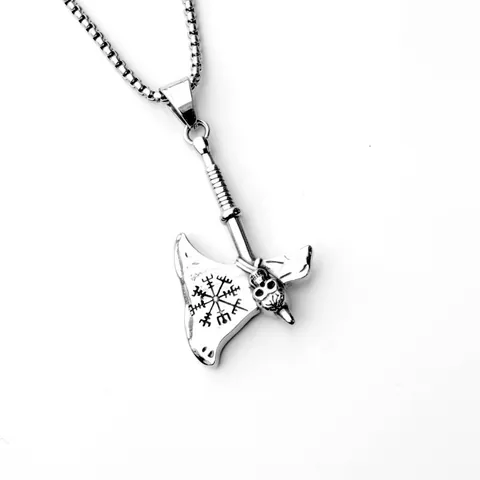 Vintage Viking Axe Pendant Necklace For Men Stainless Steel Box Chain Nordic Vegvisir Compass Skull Punk Gothic Jewelry Silver