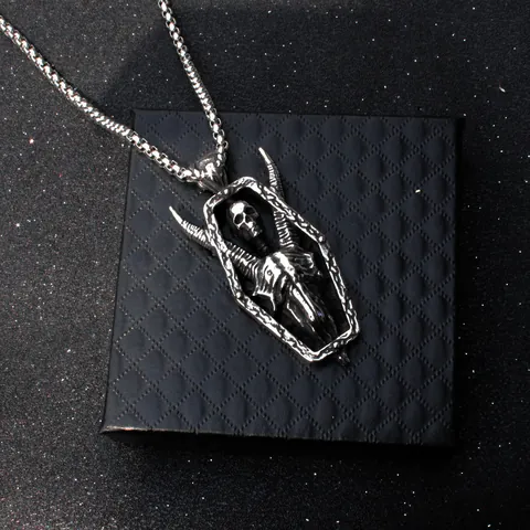 Gothic Stainless Steel Skull Pendant Necklace For Men Retro Punk Wolf Owl Skeleton Coffin Box Chain Necklace Fashion Jewelry Gift