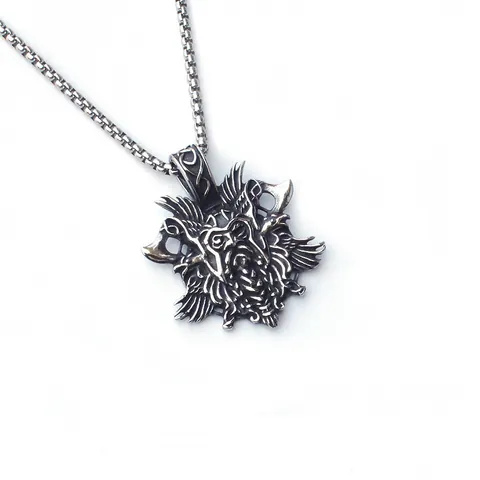 Viking Nordic Mythology Stainless Steel Pendant Necklace Retro Punk Gothic Pirate Double Axe Raven Skull Odin Jewelry
