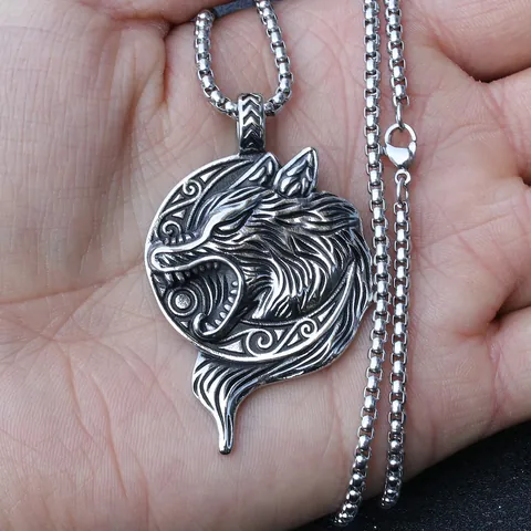 Men Vintage Nordic Viking Wolf Head Pendant Necklace Stainless Steel Box Chain Punk Style Jewelry Gift For Daily Party