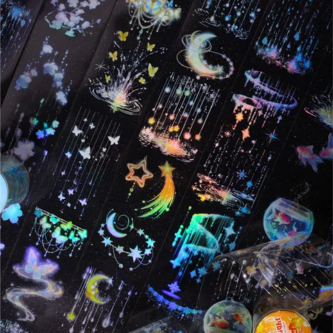Retro Story Rainy Night Series PET Holographic Tape For DIY Scrapbooking Journal Decorative Laser Aesthetic Moon Star Sticker
