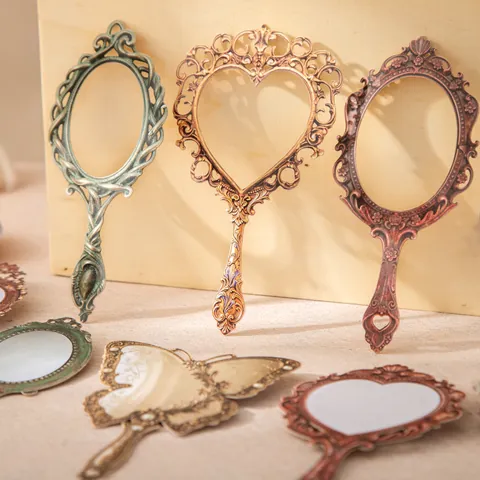 Vintage Handheld Mirror Decorative Stickers For DIY Scrapbooking Journaling Arts Crafts Baroque Style Butterfly Floral Paper Decals Journaling Supplies