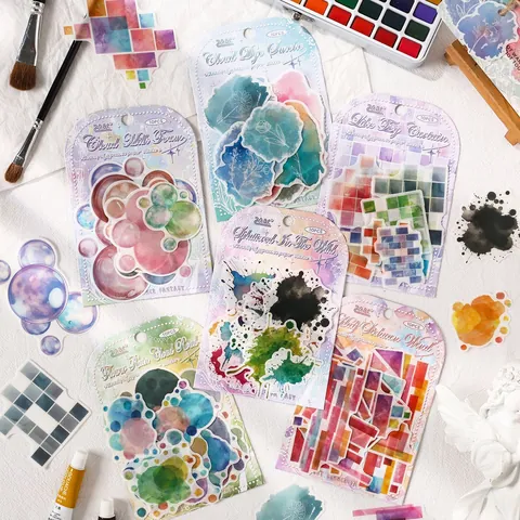 Autocollants PET Translucides Aquarelle Formes Géométriques Nuage Bulle pour Journal Planner Scrapbooking Décoration DIY Artistique